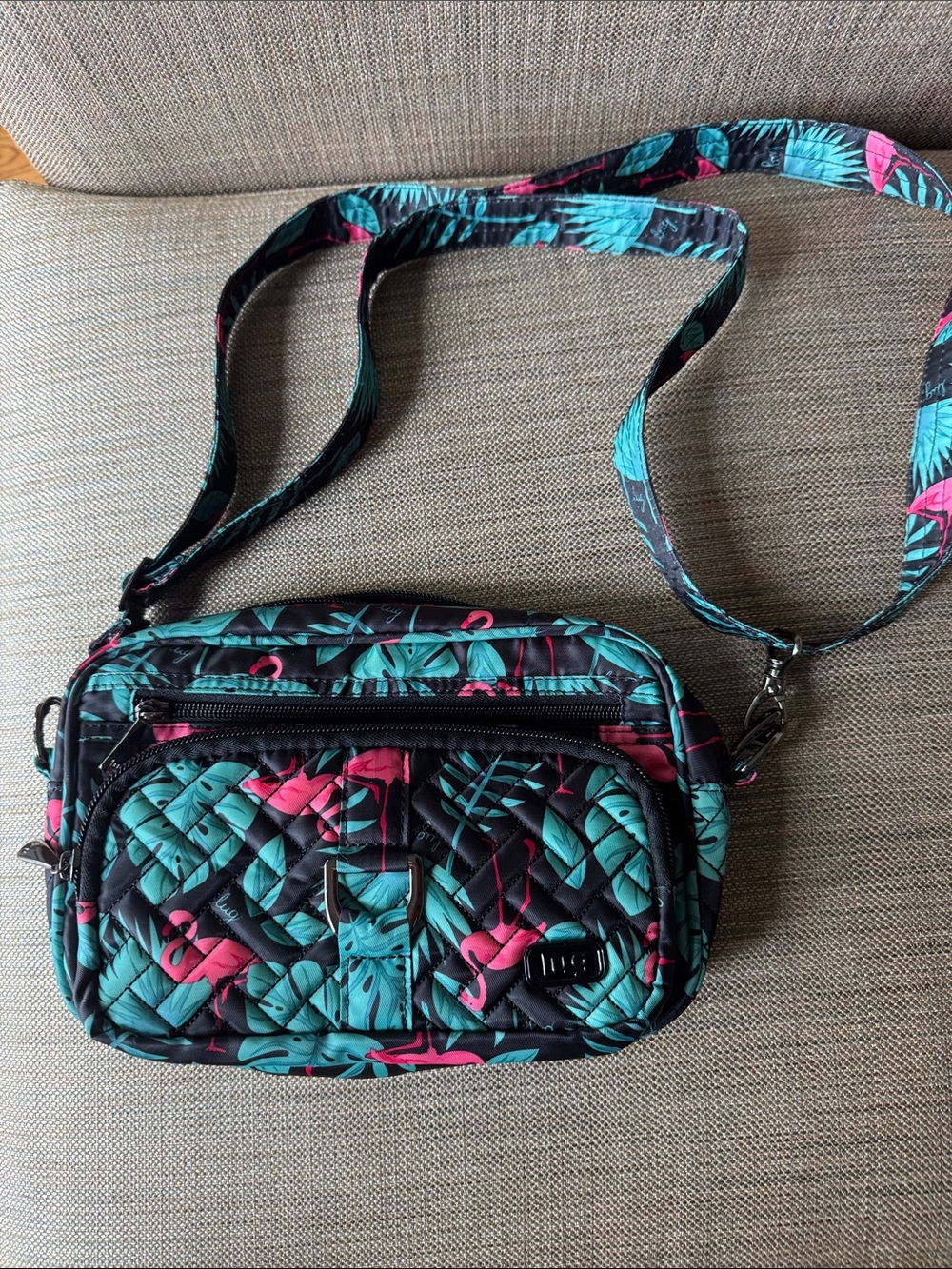 lug Carousel Black Crossbody Bag with Teal & Pink Tropical Print